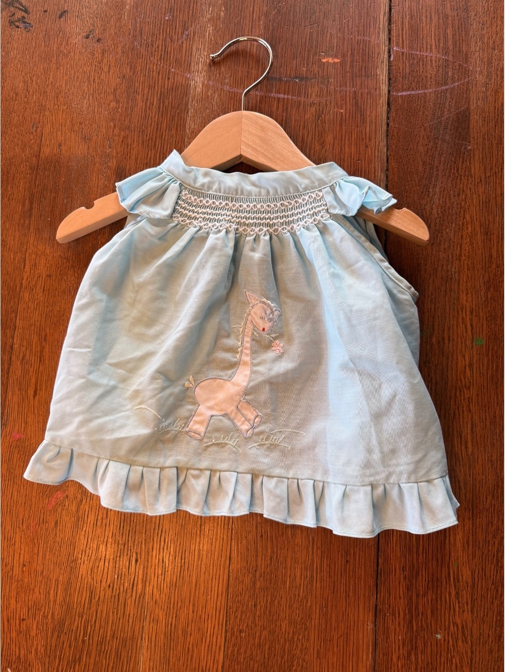 12m Vintage Baby Blue tie tank with Giraffe Embroidery and Ruffle Trim